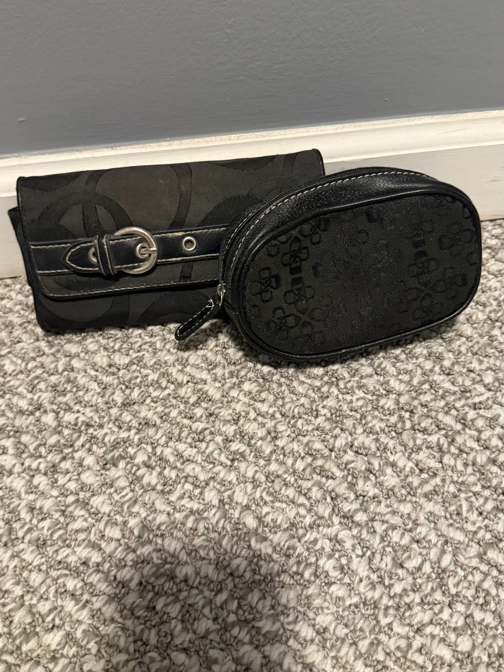Coach style Black Signature Canvas Wristlet and Oval Pouch Set